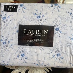 New Ralph Lauren Queen Sheet Set White/Blue/Grey Floral Pattern 100% Cotton